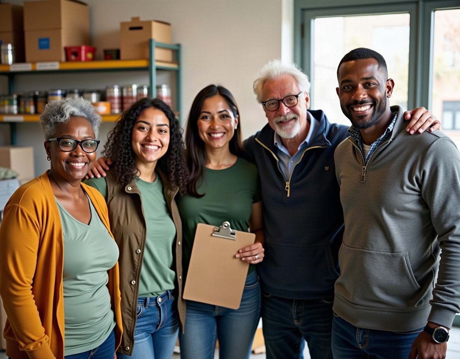 Five people standing together in a community food bank